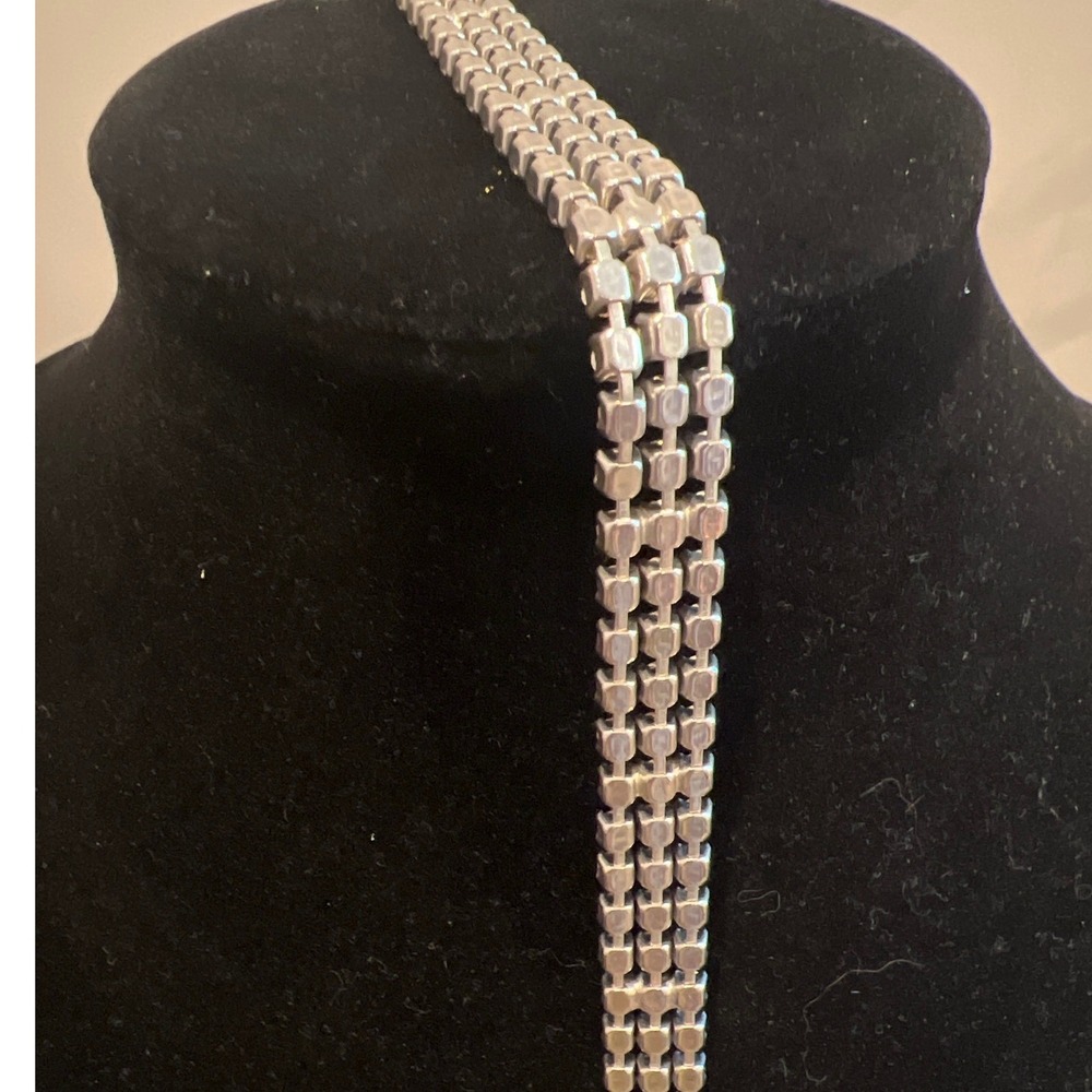Vtg 1950s Light Blue Rhinestone Triple Strand Choker Necklace Silver Tone 15in - Picture 4 of 4